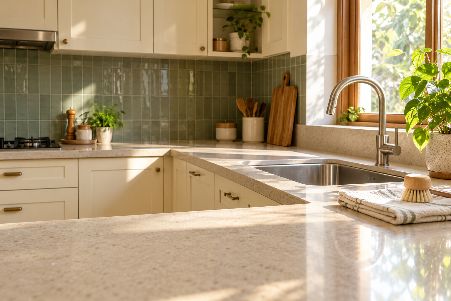 A tidy, sunlit kitchen with a clean sink and neatly folded cloths